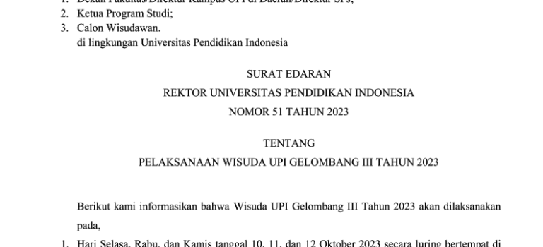 Surat Edaran Pelaksanaan Wisuda UPI Gelombang III Tahun 2023