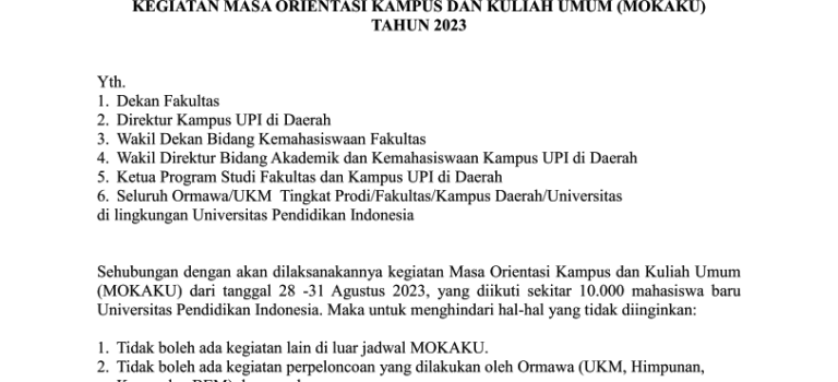Surat Edaran Larangan Perpeloncoan MOKAKU UPI Tahun 2023 Surat Edaran Larangan Perpeloncoan MOKAKU UPI Tahun 2023