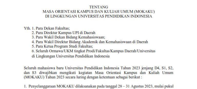 Edaran Kegiatan Masa Orientasi Kampus dan Kuliah Umum (MOKAKU) UPI Tahun 2023 Edaran Kegiatan Masa Orientasi Kampus dan Kuliah Umum (MOKAKU) UPI Tahun 2023