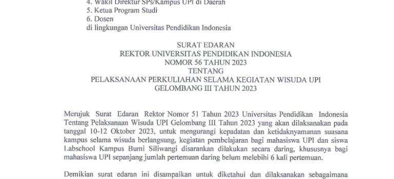 Surat Edaran Rektor tentang Pelaksanaan Perkuliahan Selama Kegiatan Wisuda UPI Gelombang III Tahun 2023