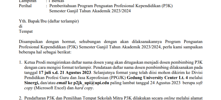 Pemberitahuan Program Penguatan Profesional Kependidikan (P3K) Semester Ganjil Tahun Akademik 2023/2024 Pemberitahuan Program Penguatan Profesional Kependidikan (P3K) Semester Ganjil Tahun Akademik 2023/2024